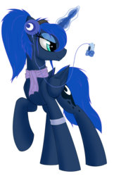 Size: 934x1441 | Tagged: safe, artist:vinaramic, princess luna, alicorn, pony, g4, alternate hairstyle, clothes, female, headphones, magic, mare, mp3 player, ponytail, raised hoof, scarf, simple background, solo, telekinesis, transparent background