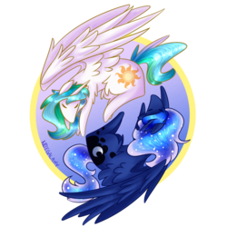 Size: 1024x1024 | Tagged: safe, artist:nitegalaxy, princess celestia, princess luna, g4, eyes closed, spread wings, yin-yang