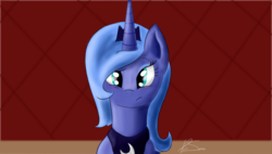 Size: 1440x818 | Tagged: dead source, safe, artist:paint-splotch, princess luna, alicorn, pony, g4, :/, female, looking at you, s1 luna, signature, solo