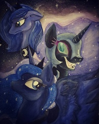 Size: 1024x1287 | Tagged: safe, artist:daleymations, nightmare moon, princess luna, g4, floppy ears, frown, grin, lunar trinity, s1 luna, space, stars, traditional art