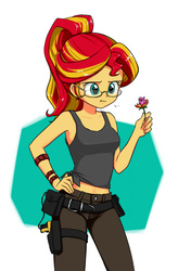 Size: 598x911 | Tagged: safe, artist:twilite-sparkleplz, sunset shimmer, human, equestria girls, g4, :t, alternate hairstyle, armpits, belly button, clothes, cute, eating, female, flower, glasses, hand on hip, humanized, humans doing horse things, midriff, pants, shimmerbetes, shirt, sleeveless, solo, sunset wants her old digestive system back, tank top, taser