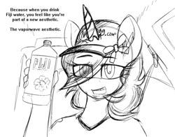 Size: 1140x895 | Tagged: safe, anonymous artist, oc, oc only, oc:floral shoppe, unicorn, anthro, black and white, fiji water, grayscale, meme, monochrome, reference, solo, vaporwave
