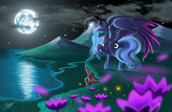Size: 4000x2600 | Tagged: safe, artist:duskie-06, princess luna, g4, cliff, color porn, female, flower, lake, moon, mountain, night, ocean, raised hoof, river, solo, spread wings, water