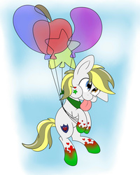 Size: 2400x3000 | Tagged: safe, artist:theartistsora, oc, oc only, oc:snowy sprinkles, pony, balloon, commission, cute, high res, silly, silly pony, solo, tongue out