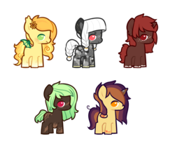 Size: 1200x1000 | Tagged: safe, artist:mvnchies, oc, oc only, oc:coals, oc:lessi, oc:potpourri, oc:sunflower meadows, oc:twisted roots, alicorn, bat pony, pegasus, pony, unicorn, alicorn oc, amputee, bat pony oc, bat wings, fake horn, female, filly, foal, freckles, horn, simple background, transparent background, unicorn oc, wings