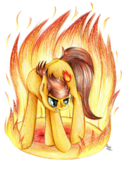 Size: 1600x2270 | Tagged: safe, artist:julunis14, oc, oc only, oc:ember (appleberryember), earth pony, fire pony, pony, fire, solo