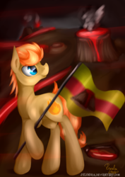 Size: 1600x2263 | Tagged: safe, artist:julunis14, oc, oc only, oc:ember (appleberryember), earth pony, fire pony, pony, flag, lava, solo, vulcan