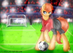 Size: 1023x744 | Tagged: safe, artist:julunis14, oc, oc only, oc:ember (appleberryember), earth pony, fire pony, pony, football, solo