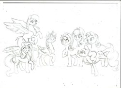 Size: 1048x762 | Tagged: safe, artist:twixyamber, applejack, fluttershy, pinkie pie, rainbow dash, rarity, starlight glimmer, twilight sparkle, alicorn, pony, g4, female, mane six, mare, monochrome, sketch, twilight sparkle (alicorn)