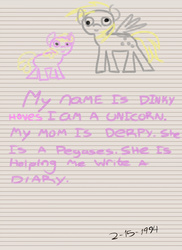Size: 2400x3300 | Tagged: safe, artist:aaronmk, derpy hooves, dinky hooves, pegasus, pony, g4, diary, dinky hooves's diary, female, handwriting, high res, lined paper, mare, misspelling