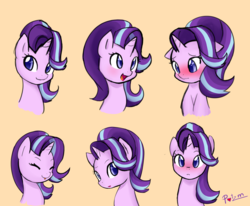 Size: 4928x4052 | Tagged: safe, artist:potzm, starlight glimmer, pony, unicorn, g4, the crystalling, :o, :p, absurd resolution, blushing, blushing profusely, bust, colored pupils, confused, cross-eyed, cute, doodle, expressions, eyes closed, female, floppy ears, frown, glimmerbetes, happy, head tilt, looking at you, looking down, mare, multeity, open mouth, shy, silly, simple background, smiling, solo, tongue out, yellow background
