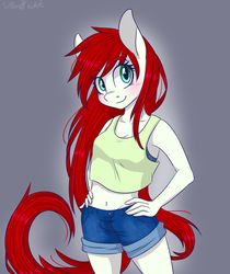 Size: 2100x2500 | Tagged: safe, artist:silbersternenlicht, oc, oc only, oc:primavera, anthro, adorasexy, belly button, booty shorts, clothes, commission, cute, eyebrows, eyebrows visible through hair, hand on hip, high res, looking at you, midriff, sexy, short shirt, shorts, signature, solo, tank top