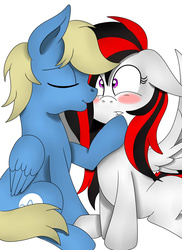 Size: 1280x1760 | Tagged: safe, artist:theartistsora, oc, oc only, oc:synthis, oc:thedoctorsora, pegasus, pony, female, kissing, male, shipping, straight, synsora