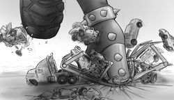 Size: 1291x745 | Tagged: safe, artist:alloyrabbit, adagio dazzle, equestria girls, g4, car, car crush, crush fetish, crushing, destruction, female, giantess, high heels, macro, monochrome, solo, spikes, stomp, stomping, vehicle