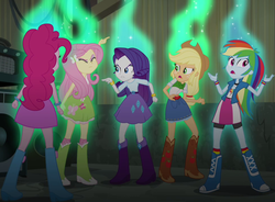 Size: 969x714 | Tagged: safe, screencap, applejack, fluttershy, pinkie pie, rainbow dash, rarity, equestria girls, g4, my little pony equestria girls: rainbow rocks, angry, argument, boots, bracelet, clothes, cowboy boots, eyes closed, female, high heel boots, jewelry, rear view, skirt, socks, turning against each other, wristband