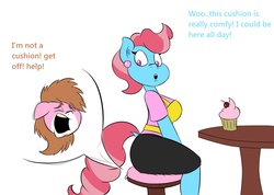 Size: 1280x910 | Tagged: safe, artist:deoix, cup cake, oc, oc:cinnamon cake, anthro, g4, breasts, cherry, child bearing hips, crushing, cupcake, cushion, dialogue, faceful of ass, facesitting, female, food, help, hips, i have no mouth and i must scream, inanimate tf, sitting, sitting on person, transformation, unwilling transformation, wide hips