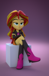 Size: 843x1300 | Tagged: safe, artist:creatorofpony, artist:fd-daylight, sunset shimmer, equestria girls, g4, 3d, blender, boots, clothes, crossed legs, female, leather jacket, shoes, sitting, skirt, solo, unamused