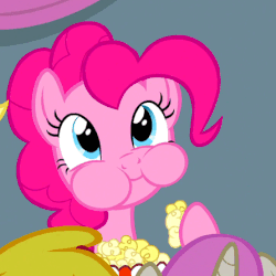 Size: 446x446 | Tagged: safe, screencap, applejack, pinkie pie, equestria games (episode), g4, animated, equestria games, female, food, popcorn, swallowing, throat bulge
