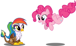 Size: 3982x2399 | Tagged: safe, artist:tsabak, pinkie pie, oc, oc:rainbow feather, griffon, g4, adorable face, cute, high res, hopping, interspecies offspring, jumping, magical lesbian spawn, next generation, offspring, parent:gilda, parent:rainbow dash, parents:gildash, smiling