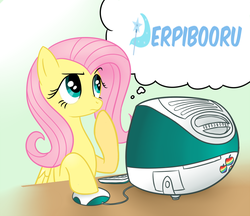 Size: 804x695 | Tagged: safe, fluttershy, pegasus, pony, derpibooru, g4, computer, female, flutter thought, fs doesn't know what she's getting into, imac, imac g3, meta, solo, this will end in tears