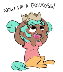 Size: 927x1065 | Tagged: safe, artist:nobody, oc, oc only, oc:mudpie, satyr, blushing, crown, cute, fake crown, freckles, looking up, offspring, open mouth, paper crown, parent:snails, princess, sitting, smiling, solo