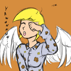 Size: 1000x1000 | Tagged: safe, artist:ixalon, artist:x-cross, color edit, edit, derpy hooves, human, g4, clothes, colored, female, humanized, pajamas, sleepy, solo, winged humanization, yawn