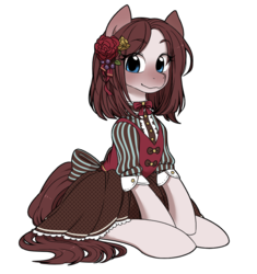 Size: 909x966 | Tagged: safe, artist:うめぐる, oc, oc only, oc:selena, clothes, dress, sitting, solo
