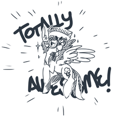 Size: 1200x1159 | Tagged: safe, artist:xieril, rainbow dash, g4, awesome, beanbrows, female, flying, goggles, grin, monochrome, solo