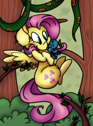 Size: 1443x1945 | Tagged: safe, artist:cutepencilcase, fluttershy, bird, g4, female, flying, forest, solo
