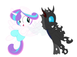 Size: 1060x791 | Tagged: safe, artist:squipycheetah, kevin, princess flurry heart, alicorn, changeling, pony, g4, season 6, slice of life (episode), clothes, cute, cuteling, duo, fangs, female, filly, floating, flurrybetes, flying, happy, kevinbetes, kevinheart, looking back, male, mare, older, open mouth, pants, shipping, shorts, simple background, smiling, spread wings, straight, teeth, transparent background, transparent wings, vector, windswept mane