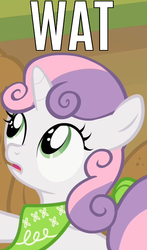 Size: 424x720 | Tagged: safe, edit, edited screencap, screencap, sweetie belle, g4, sisterhooves social, caption, clothes, female, image macro, looking up, meme, reaction image, scarf, solo, text, wat