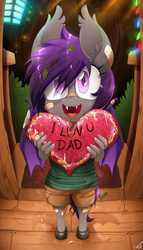 Size: 1140x2000 | Tagged: safe, artist:replica, oc, oc only, oc:nolegs, bat pony, anthro, unguligrade anthro, arts and crafts, bandaid, bandaid on nose, cute, daaaaaaaaaaaw, dirty, female, filly, happy, heart, hearts and hooves day, looking at you, looking up, ocbetes, offscreen character, open mouth, pov, smiling, solo, younger