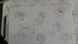 Size: 1280x720 | Tagged: safe, artist:tjpones, oc, oc only, oc:brownie bun, oc:hose wife, earth pony, pony, horse wife, black and white, braces, clothes, coffee, doodle, ear fluff, eyes closed, female, food, grayscale, hoof hold, lineart, loose hair, magazine, mare, monochrome, scarf, sitting, tired, traditional art