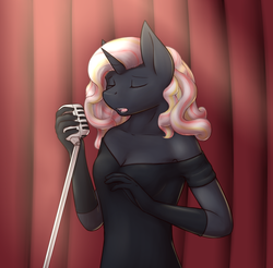 Size: 1280x1257 | Tagged: safe, artist:daf, oc, oc only, oc:velvet remedy, unicorn, anthro, fallout equestria, clothes, dress, explicit source, gloves, microphone, singing, solo