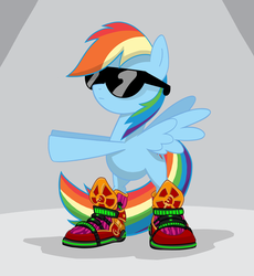 Size: 1400x1525 | Tagged: safe, artist:sslug, rainbow dash, pony, g4, bipedal, clothes, dancing, female, parody, russian, shoes, shoes only, sneakers, solo, sunglasses