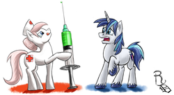 Size: 1830x1000 | Tagged: safe, artist:ravenousdrake, edit, nurse redheart, shining armor, earth pony, pony, unicorn, g4, giant syringe, raised hoof, syringe, this will end in pain, trypanophobia