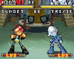 Size: 640x512 | Tagged: safe, artist:rvceric, sunset shimmer, trixie, equestria girls, g4, fight, fighting game, fighting stance, pixel art