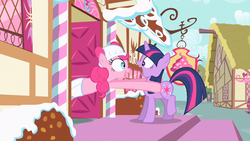 Size: 1280x720 | Tagged: safe, screencap, pinkie pie, twilight sparkle, baby cakes, g4, season 2, diaper, diaper on head, female, grabbing, mare, multiple diapers, non-baby in diaper, ponyville, raised hoof, reaching, scared, shrunken pupils, sugarcube corner, yelling