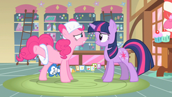 Size: 1280x720 | Tagged: safe, screencap, pinkie pie, twilight sparkle, pony, unicorn, baby cakes, g4, season 2, baby bottle, cupcake, diaper, diaper on head, diaper pulled down, female, food, gritted teeth, mare, multiple diapers, raised hoof, removing diaper, sugarcube corner, taking off diaper, unicorn twilight