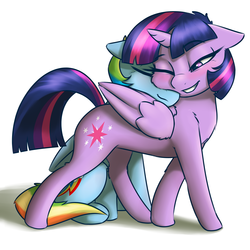 Size: 3120x3120 | Tagged: safe, artist:captainpudgemuffin, rainbow dash, twilight sparkle, alicorn, pegasus, pony, g4, bedroom eyes, behaving like a cat, blushing, captainpudgemuffin is trying to murder us, cute, dashabetes, duo, duo female, eyebrows, eyebrows visible through hair, eyes closed, female, floppy ears, fluffy, folded wings, grin, high res, lesbian, mare, nuzzling, one eye closed, ship:twidash, shipping, sitting, smiling, snuggling, tail, twiabetes, twilight sparkle (alicorn), wings, wink