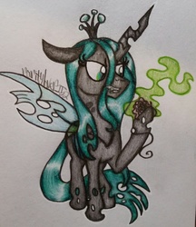 Size: 2079x2405 | Tagged: dead source, safe, artist:raritylover152, queen chrysalis, changeling, changeling queen, g4, female, flower, high res, solo, traditional art