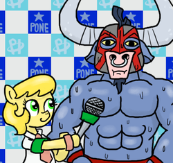 Size: 500x469 | Tagged: safe, artist:ficficponyfic, iron will, oc, oc:golden brisk, g4, crossdressing, crossover, luchador, male, nintendo, parody, reporter, rhythm heaven, trap, wrestling