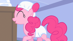 Size: 1280x720 | Tagged: safe, screencap, pinkie pie, earth pony, pony, baby cakes, g4, season 2, adult foal, changing table, diaper, diaper on head, eyes closed, female, indoors, mare, multiple diapers, non-baby in diaper, outfit catalog, raised hoof, room, smiling, solo, sugarcube corner