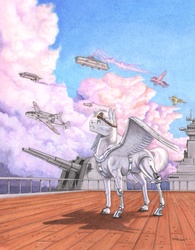 Size: 1100x1408 | Tagged: safe, artist:baron engel, oc, oc only, oc:silver star, pegasus, pony, roan rpg, airship, cannon, cloud, deck, pencil drawing, plane, prosthetics, traditional art, turret