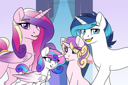 Size: 1200x800 | Tagged: safe, artist:rainbowdrool, princess cadance, princess flurry heart, princess skyla, shining armor, pony, unicorn, tumblr:from dust to mist, g4, season 6, alternate design, alternate universe, crystal sisters, family, family photo, female, from dust to mist, grin, looking at you, male, male and female, offspring, open mouth, parent:princess cadance, parent:shining armor, parents:shiningcadance, race swap, sisters, species swap, translucent mane
