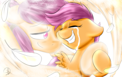 Size: 1700x1080 | Tagged: safe, artist:phuocthiencreation, scootaloo, pegasus, pony, g4, crying, duo, duo female, eyes closed, feather, female, filly, floppy ears, hug, mare, mother and daughter, scootalove, tears of joy, winghug
