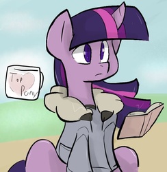 Size: 617x632 | Tagged: safe, artist:^:3, twilight sparkle, g4, book, clothes, female, magic, mug, solo, telekinesis