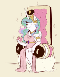 Size: 2000x2578 | Tagged: safe, artist:evehly, princess celestia, alicorn, anthro, g4, bread, breasts, cleavage, donut, donutlestia, eyes closed, female, food, high res, pastry, side slit, sitting, smiling, solo, throne