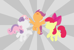 Size: 2000x1333 | Tagged: safe, artist:5h3113y, apple bloom, scootaloo, sweetie belle, earth pony, pegasus, pony, unicorn, crusaders of the lost mark, g4, cutie mark crusaders, female, filly, minimalist, sunburst background