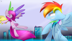 Size: 2466x1435 | Tagged: safe, artist:php69, pinkie pie, rainbow dash, fanfic:cupcakes, g4, flying, pinkamena diane pie, wings